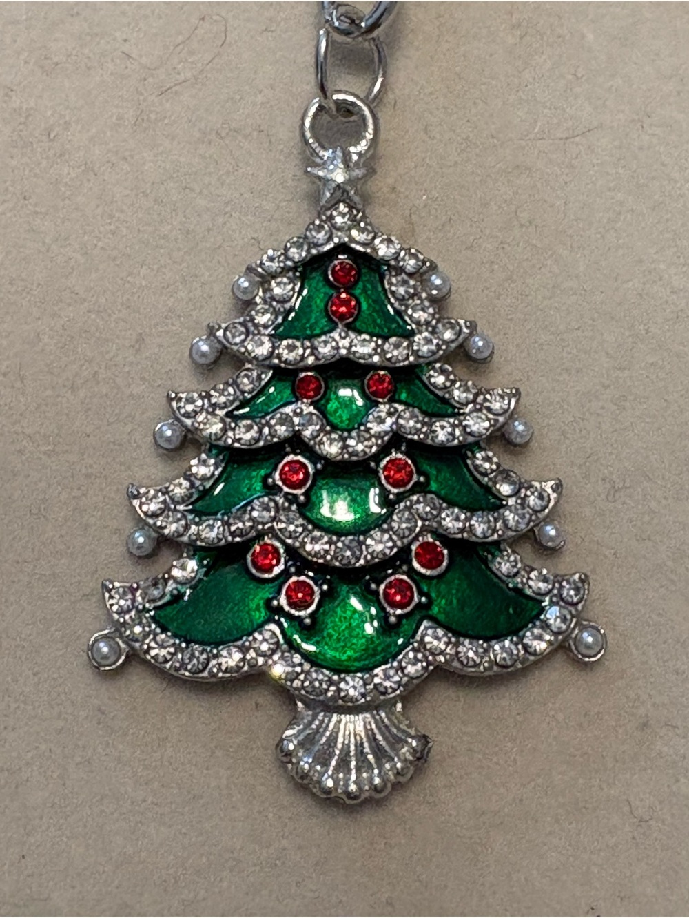 Silver-Tone Christmas Tree Keychain with Green Enamel & Red Accents